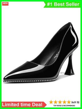 Women's Beaded Pointed Toe Patent Leather Kitten Heel Slip-On Party Pumps